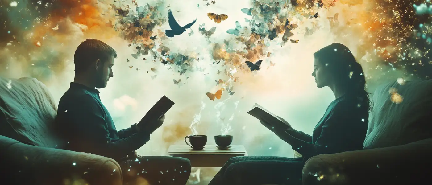 Ein Paar sitzt sich in Sesseln gegenüber und liest