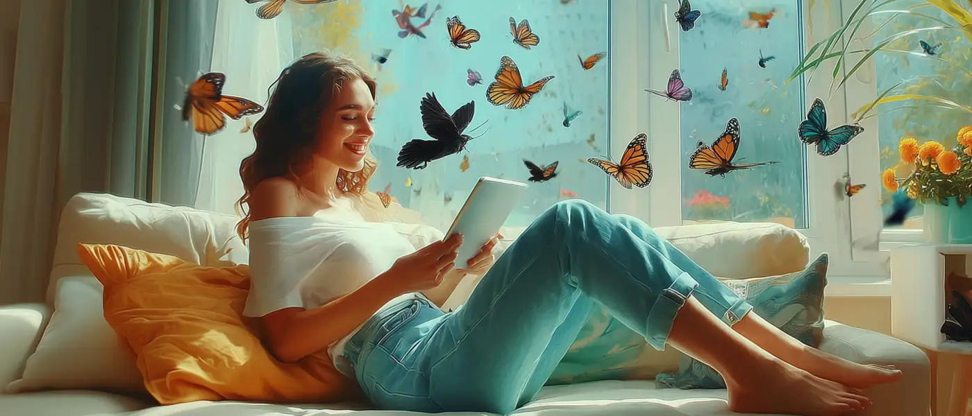 Eine junge Frau hört im Park Musik über ihre Kopfhörer