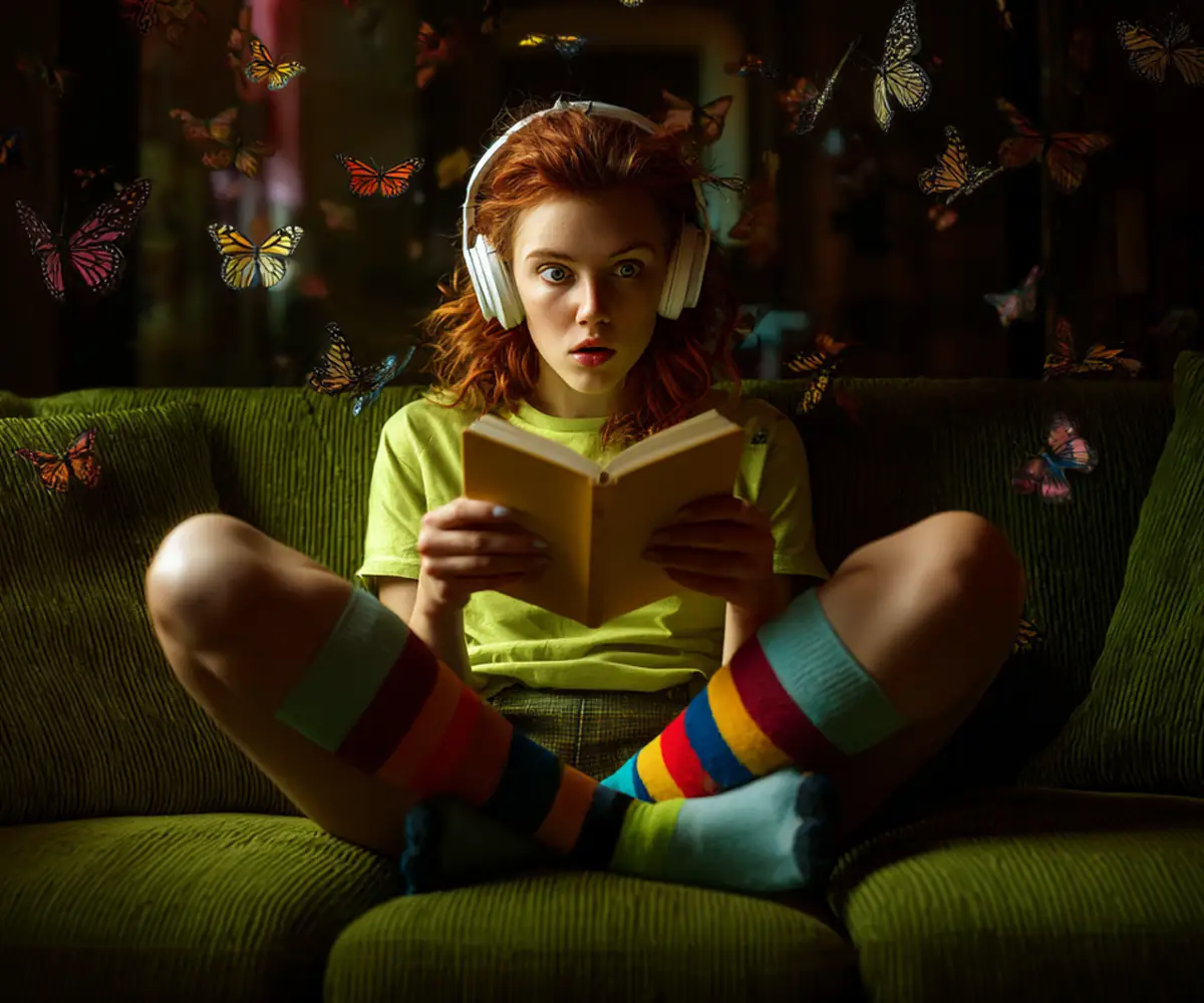 Eine junge Frau liest ein Buch und hört chaptune